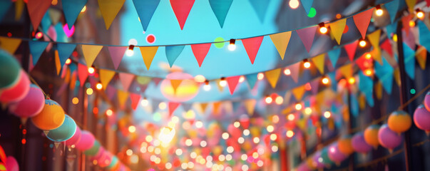 Vibrant festival background with colorful bunting, dynamic lights, and textured decorations. The lively, festive atmosphere captures the excitement and joy of a celebration, ideal for cheerful themes