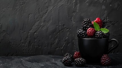 Sticker - Blackberry in black cup on dark surface with copy space still life concept summer season vertical image blurry berries