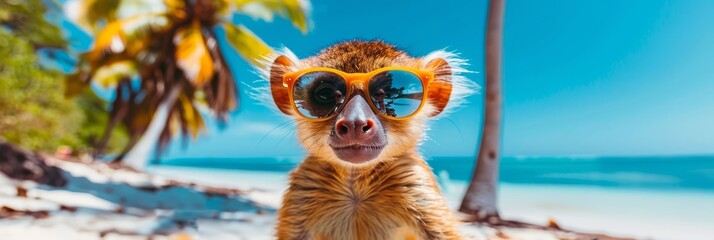 Wall Mural - Funny kinkajou wearing sunglasses,surrounded by a lush tropical beach scene with palm trees,foliage,and clear blue skies. Perfect summer wallpaper background with ample copy space.