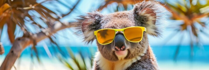 Wall Mural - Humorous koala bear wearing sunglasses,relaxing on a tropical beach with palm trees and ocean in the background. Concept of summer vacation,leisure time,and carefree lifestyle.