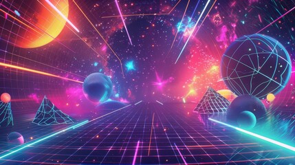 Wall Mural - retro-futuristic abstract with neon colors geometric shapes and particles. amazing wallpaper