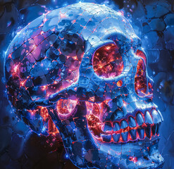 Wall Mural - A skull with blue and purple glowing eyes and a blue face, creating a striking and eerie appearance.