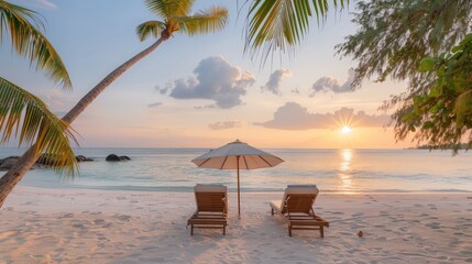 Fototapete - A beach scene with two lounge chairs and an umbrella. The chairs are facing the ocean and the umbrella is providing shade. Scene is relaxing and peaceful