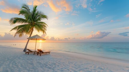 Aufkleber - A beach scene with a palm tree and two lounge chairs. The sun is setting, creating a warm and relaxing atmosphere