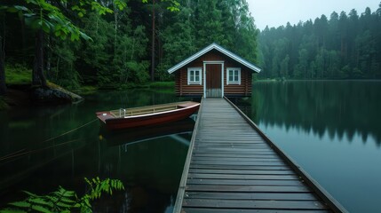 Aufkleber - A small cabin is on a dock next to a lake. The cabin is wooden and has a boat tied to it. The lake is calm and peaceful, with the cabin and boat adding to the serene atmosphere