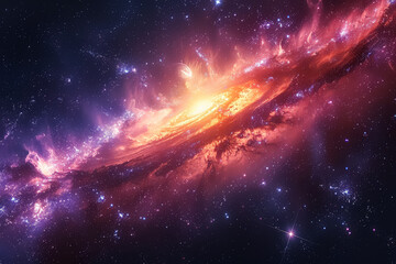 Wall Mural - a space scene with a pink planet and a purple cloud. the sky is filled with stars and the clouds are