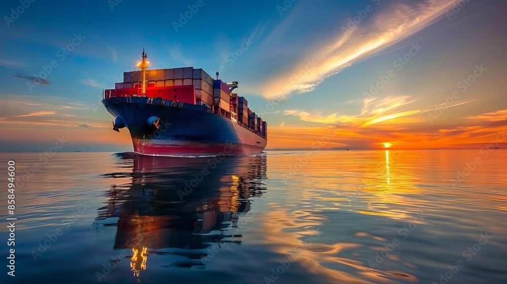 Massive container ship sails across the ocean at sunset with a clear ...