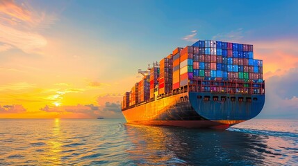 Wall Mural - Massive container ship sails across the ocean at sunset with a clear blue sky. This is a global trade shipping vessel carrying goods for import and export across the world.