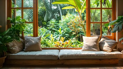 Wall Mural - A Cozy Living Space Featuring Garden Views, Plush Cushions, and Greenery. Concept Cozy Living Space, Garden Views, Plush Cushions, Greenery, Interior Design