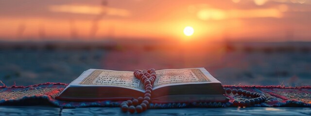 Photo of a prayer mat with an open Quran and rosary on top, in a front view, during sunset. AI generated illustration