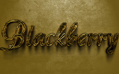 Wall Mural - 3D dark golden design of fruit name Blackberry on cracked golden background.
