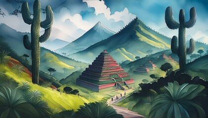 Wall Mural - Typical Aztec landscape with dominant colors of deep dark green and bright light green beautiful view cenimatic