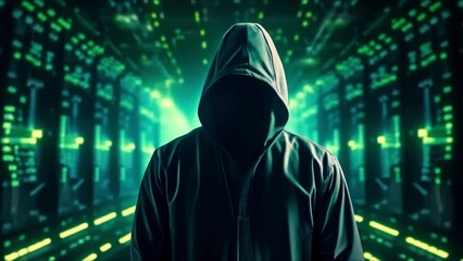 Wall Mural - Hooded hacker infiltrating dark server room cybersecurity breach concept. Concept Cybersecurity, Hacker, Dark Server Room, Cyber Breach, Digital Intrusion