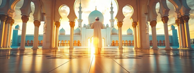 Wall Mural - Religious muslim man praying inside the mosque. AI generated illustration