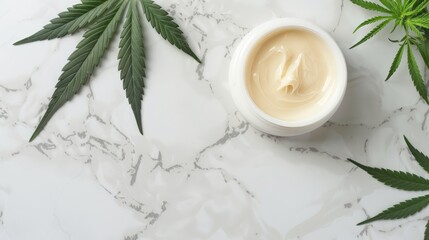 Poster - CBD oil cream with hemp leaf on marble table flat lay view