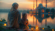 © RaptorWoman - A mother and daughter in traditional attire sit by a lantern, overlooking a tranquil lake and mosque at sunset, symbolizing cultural and familial bonds.