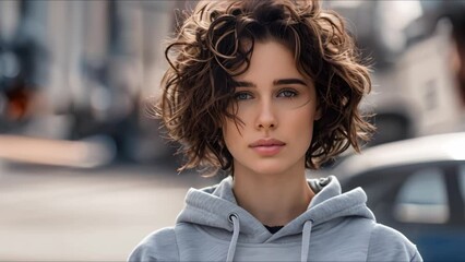 Wall Mural - Stylish brunette woman with short curly hair in gray hoodie strikes a pose in a car parking lot flaunting her athleisure look. Concept Fashion, Athleisure, Stylish Outfit, Short Curly Hair