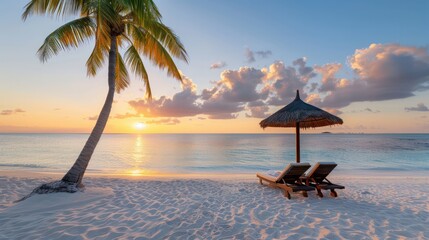 Aufkleber - A beach with a palm tree and two lounge chairs. The sun is setting and the sky is cloudy