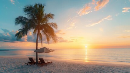 Aufkleber - A beach scene with a palm tree and two lounge chairs. The sun is setting, creating a warm and relaxing atmosphere