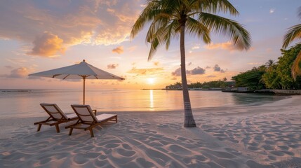 Aufkleber - A beach with two lounge chairs and a white umbrella. The sky is orange and the sun is setting