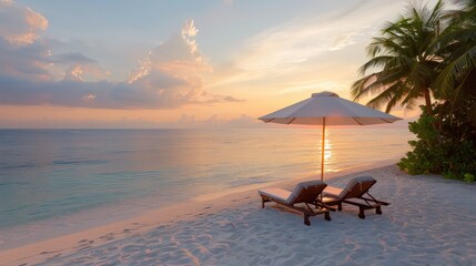 Aufkleber - A beach scene with a white umbrella and two lounge chairs. The sky is a mix of blue and orange, creating a warm and inviting atmosphere. The ocean is calm and the beach is empty