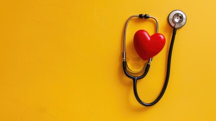 stethoscope and heart shape on yellow background for heart health check concept