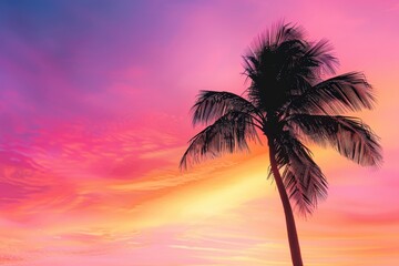 Wall Mural - a vibrant pink and orange sunset sky with the silhouette of an isolated palm tree, creating a tropic