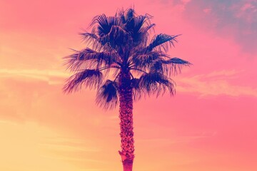 Wall Mural - beautiful palm tree against sunset sky background with copy space, vibrant pink and orange colors ge