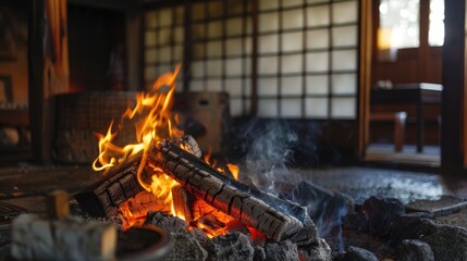 Charcoal fire in a Japanese home