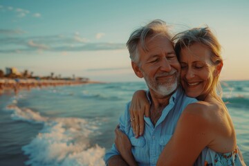 Wall Mural - Happy mature man embraced by wife at beach  having fun.