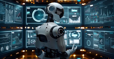 A Futuristic White Robot Analyzes Data on Multiple Screens