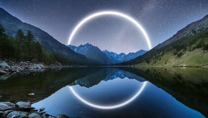 Wall Mural - a large circle of light is reflected in the water of a lake. the mountains in the background are ill