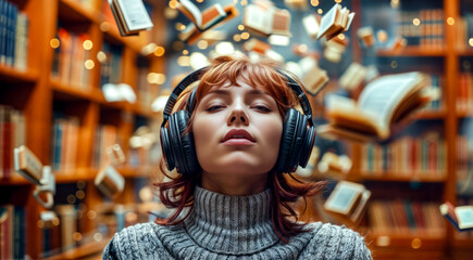 Wall Mural - Woman wearing headphones and looking up at books floating in the air.