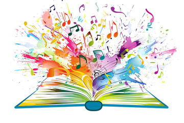 Wall Mural - book with colorful splashes and music notes flying out isolated against white background