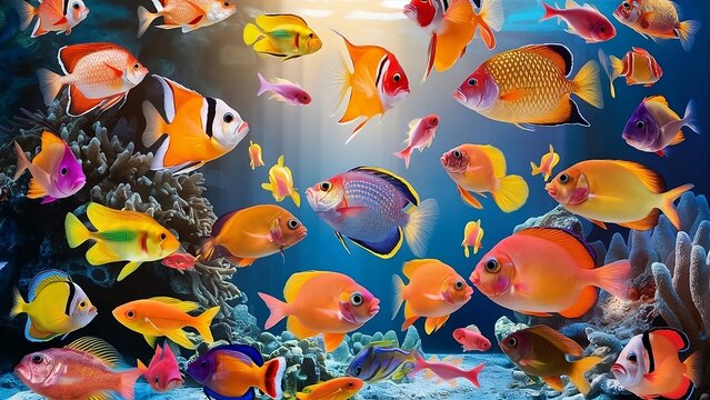 in a fish tank, many fish of different colors