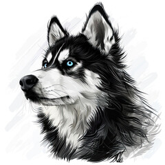  A black and white drawing of a siberian husky dog
