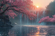 © Conor - A japanese landscape with cherry blossom trees and a giant waterfall