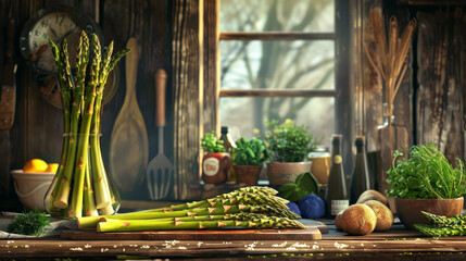 Wall Mural - A bunch of asparagus is on a wooden table in front of a window
