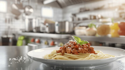 Wall Mural - A plate of spaghetti with meat sauce and basil on top