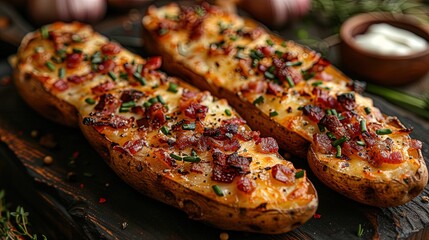 Two large baked potatoes with bacon and cheese on top