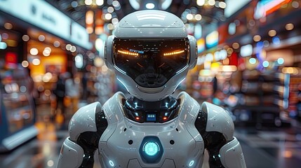 A robot with a white helmet stands in front of a store