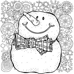 Wall Mural - Cheerful snowman and snowflakes. Winter, snow, sled, carrot, buttons. Merry Christmas, Happy New Year. Pattern for adult coloring book. Black and white.	