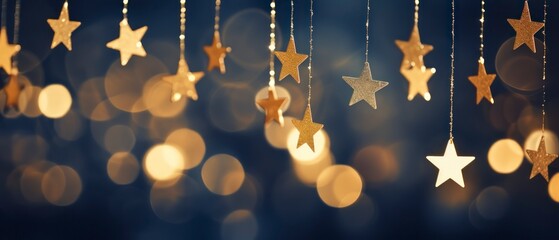 Sticker - Christmas background with golden stars and bokeh lights. Banner.