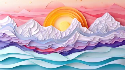 Wall Mural - Cute paper cut artwork nice sky cloudy and sunrise on light blue sky background. Beautiful origami patchwork summer season bright sky landscape perfect for presentation, art design, decoration