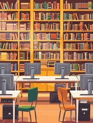 Leinwandbilder - A bright and modern student library with bookshelves filled with books and computers for research. Generative AI
