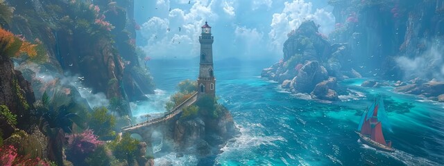 Wall Mural - Lighthouse and sailboat on a magical island for travel or fantasy themed designs