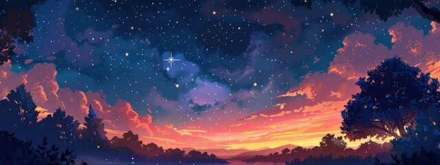 Wall Mural - Night sky with stars and clouds over a forest for dreamlike and romantic designs