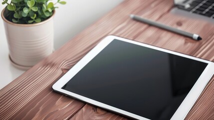 Sticker - Mockup tablet pc on wooden desk with wireless internet gadget for work entertainment and design