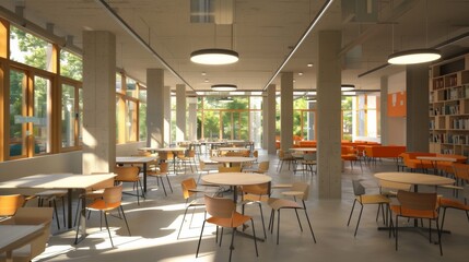 Poster - A bright and airy student lounge with ample seating, perfect for studying, socializing, or taking a break. Generative AI