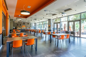 Poster - A modern student lounge with large windows, featuring dining tables and relaxation areas. This space is ideal for students to gather, socialize, and study. Generative AI